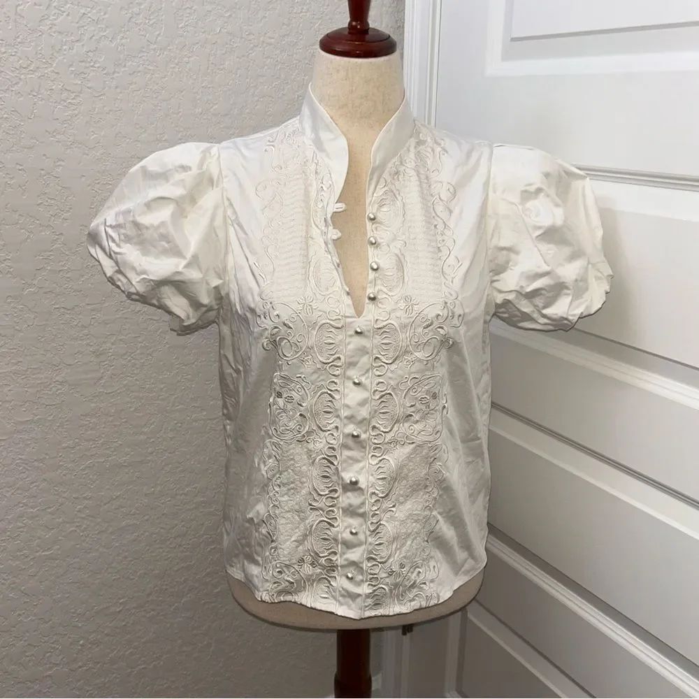 MESTIZA New York Button Front Embroidered Puff Short Sleeve Blouse Shirt Top